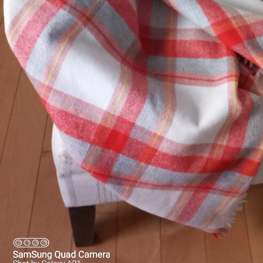 Plaid Throw Large Size L66" X W 53" Cream/Orange/Pale Grey/Yellow - Picture 2 of 8